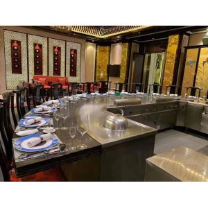 9 Seats Fan Shape Teppanyaki Grill Table with 20mm Thick Food-Grade Alloy Steel