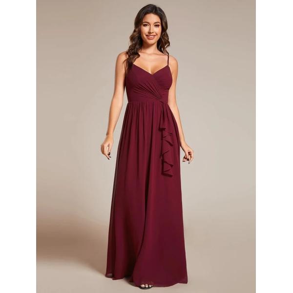 Sexy Maxi V-neck Lotus Leaf Pleating Spaghetti Strap A-line Burgundy Chiffon Bridesmaid Dress