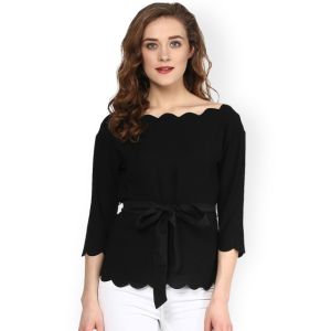 Women Fashionable Black Scalloped Top