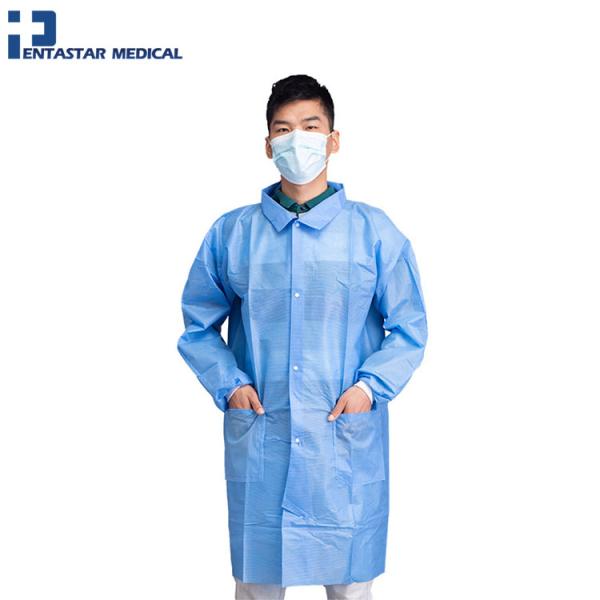 Material 30gsm to 60gsm SMS Lab Coat with Knitted Collar or Turn Down Collar