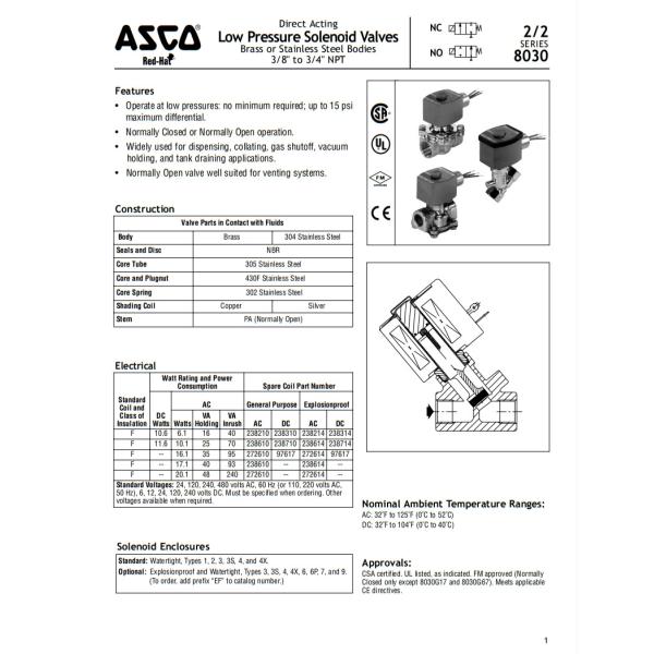 8030 Series ASCO 2 Position 2 Way Solenoid Valve Normally Open Version For Gas Venting