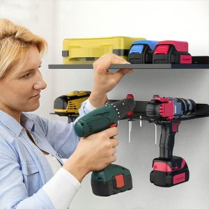 Electric Drill Storage Rack for Garage Holds 4 Drills Batteries Wall Mounted Organizer