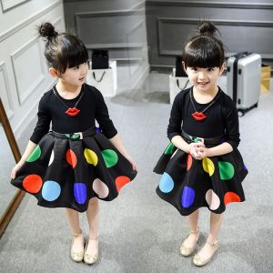2016 Fashion Girl Colorful Kid's Black Dress long sleeve Bubble Style Dancing