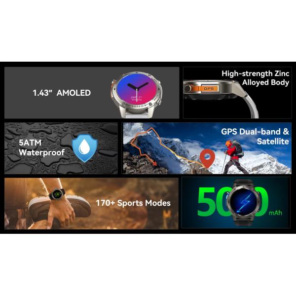 DM56 Sport Smart Watch 1.43inch AMOLED Display GPS 5ATM Waterproof 500mAh Battery