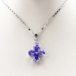 Sterling Silver Chain Necklace with Blue Cubic Zirconia Quatrefoil Charm Pendant
