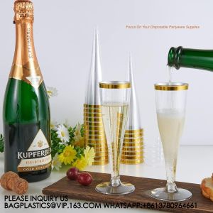 Plastic Champagne Flutes, 4.5 Oz Gold Rim Glasses, Disposable Clear Toasting