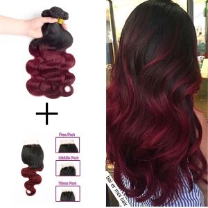 China Pre-colored Ombre Hair Weave 3 Bundles with Closure 4x4 1b/99j Ombre Brazilian Body Wave Human Hair Bundles with Closure on sale