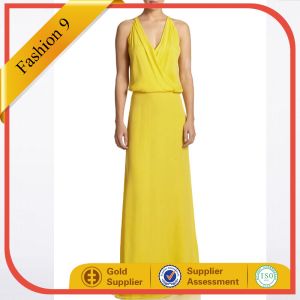 Women Yellow Chiffon V Neck Floor Length Evening Dress