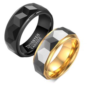 China Men's 8mm Gold Black Faceted Tungsten Carbide Rings High Polished Wedding Bands for Couple Fashion Jewelry Comfort Fit on sale