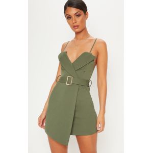 Women Khaki Tux Detail Belted Wrap Bodycon Dress With Spaghetti Strap