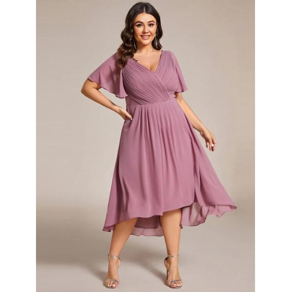Chic V-neck High-low Short Flutter Sleeves A-line Ruffles Midi Invisible Zipper Dusty Blue Chiffon Guest Cocktail Dress