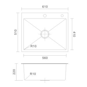 61x51 Stainless Steel Top Mount Kitchen Sink 16 Gauge