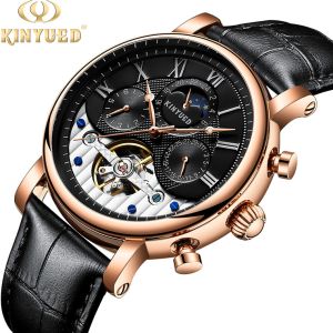 KINYUED moon phase skeleton watch tourbillon mens automatic mechanical watch