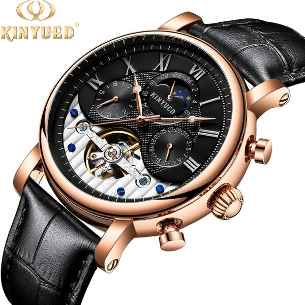 KINYUED moon phase skeleton watch tourbillon mens automatic mechanical watch