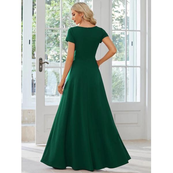 Sexy Custom Size V-neck Simple Pleated Empire Waist A-line Short Sleeve Dark Green Satin Homecoming Dress