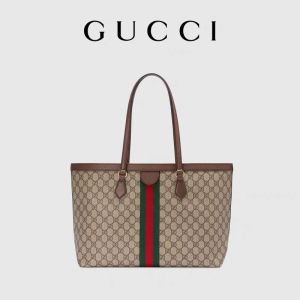 Leather Trimmed Canvas Gucci Ophidia Tote White Medium GG Ladies