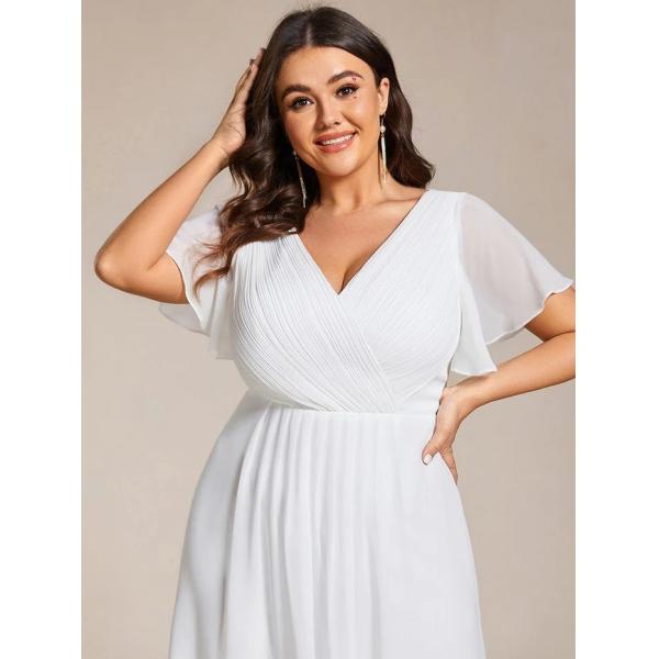 Empire Plus Size V-neck High-low A-line Short Sleeve Ruffled White Chiffon Wedding Guest Graduation Dress