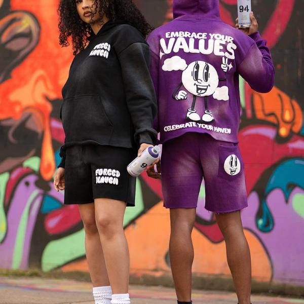 Custom Acid Washed Vintage Puff Print Joggers Streetwear Cropped Hoodie Sun Faded Sweatsuit Men Tracksuit Hoodie and Shorts Set