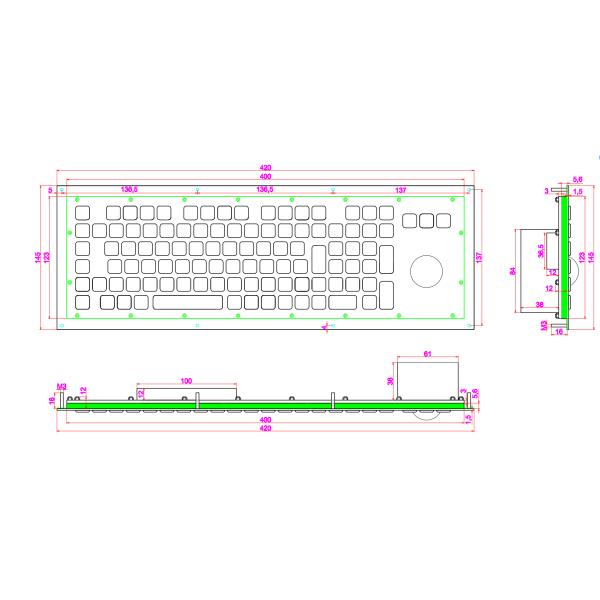 Panel Mount Koisk Mechanical Keyboard Waterproofs With 38mm Trackball FN Keys