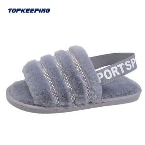 Quality 1D0005 Outdoor Winter Lady Fluffy Fur Sliders Slipper for sale