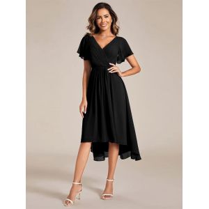 Chic V-neck High-low Short Flutter Sleeves A-line Ruffles Midi Invisible Zipper