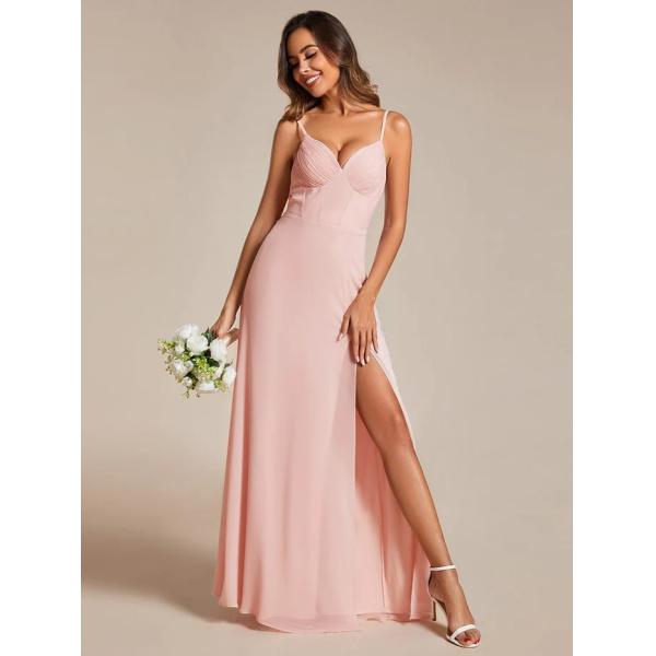 Empire A-line Ruffled V-neck Spaghetti Strap High Slit Corset Top Zipper Pink Chiffon Bridesmaid Dress