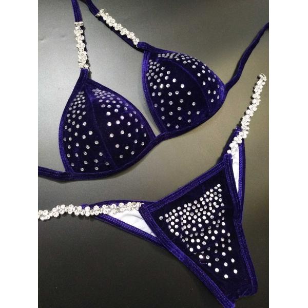 Classic NPC Bikini Competition Suits , Bodybuilding Bikini Suits Blue Red Velvet