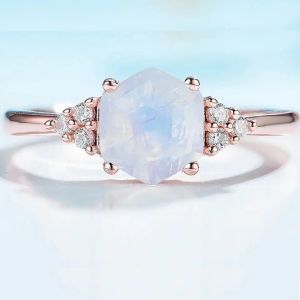 Rose Gold Hexagon Shaped Wedding Genuine Moonstone Jewelry Dainty Natural