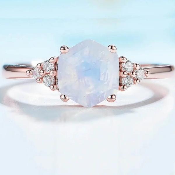 Rose Gold Hexagon Shaped Wedding Genuine Moonstone Jewelry Dainty Natural Rainbow Moonstone Ring