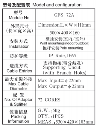 Indoor Optical Fiber Distribution Box GFS-72A 72 CORES 500*400*160mm
