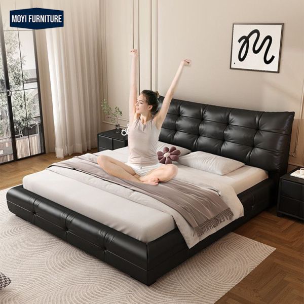 Synthetic Leather Upholstery Wooden Frame Foam Fabric Bed Modern Soft Wooden Bed Frame King Full Size Double Bed Set