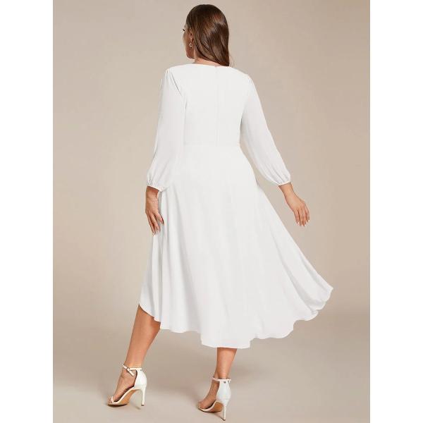 Elegant Empire Long Sleeve V-neck High Low A-line Ruffled Midi White Chiffon Wedding Guest Graduation Dress