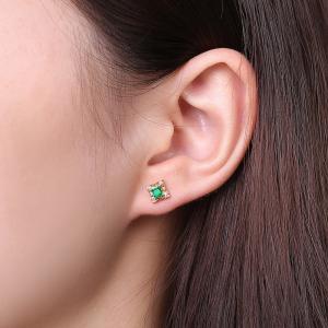 18K Yellow Gold Natural Emeral Inlay Diamonds Stud Earrings