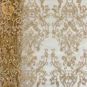 Polyester Gold Beaded Embroidery Lace Fabric For Home Textile