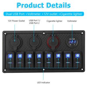 8 Group Marine Waterproof LED Rocker Switch Panel With Circuit Breaker Mounting