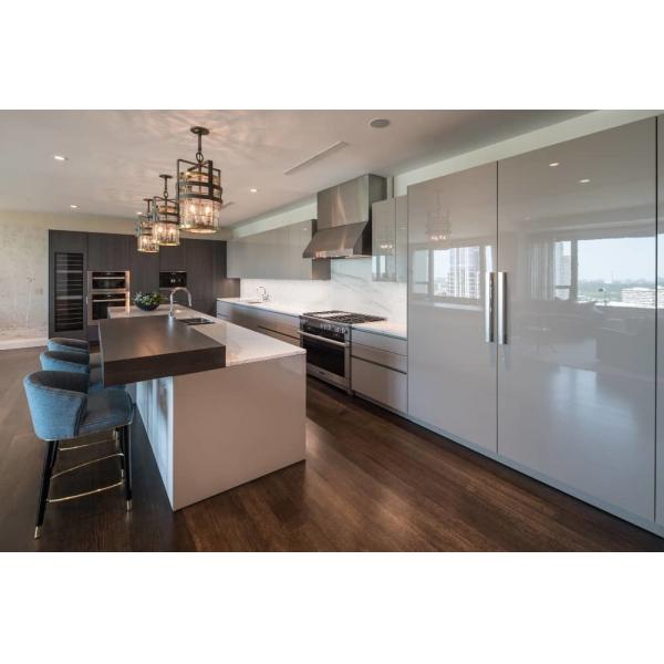 2022 New Trend Straight Island Kitchen Cabinets With Quartz Work Top And Hood