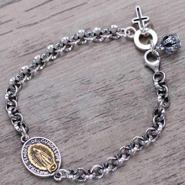 Women Men Sterling Silver Tag Cross Crown Charm Link Bracelet(058417)