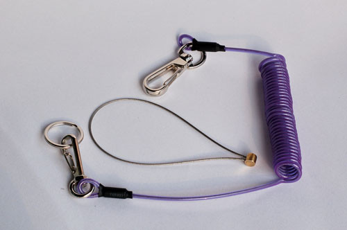 China Purple plastic spring wire coil tool lanyard with snap hooks&key rings&wire loop for safe on sale China Purple plastic spring wire coil tool lanyard with snap hooks&key rings&wire loop for safe on sale