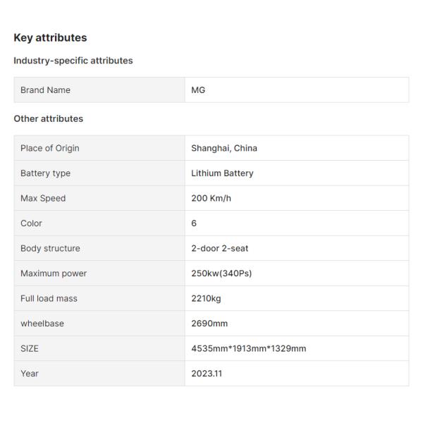 Electric Vehicle Energy Sedan Ev Cars Morris Garages Roadster Coupe 2 Seaters MG Cyberster 4WD