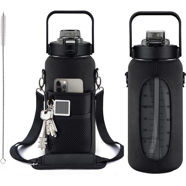 Half Gallon Water Bottle With Sleeve 64oz (2L) Inspirational Water Bottle With Straw and Time Stamp,