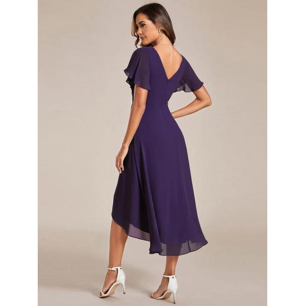 Chic V-neck High-low Short Flutter Sleeves A-line Ruffles Midi Invisible Zipper Dark Purple Chiffon Cocktail Dress