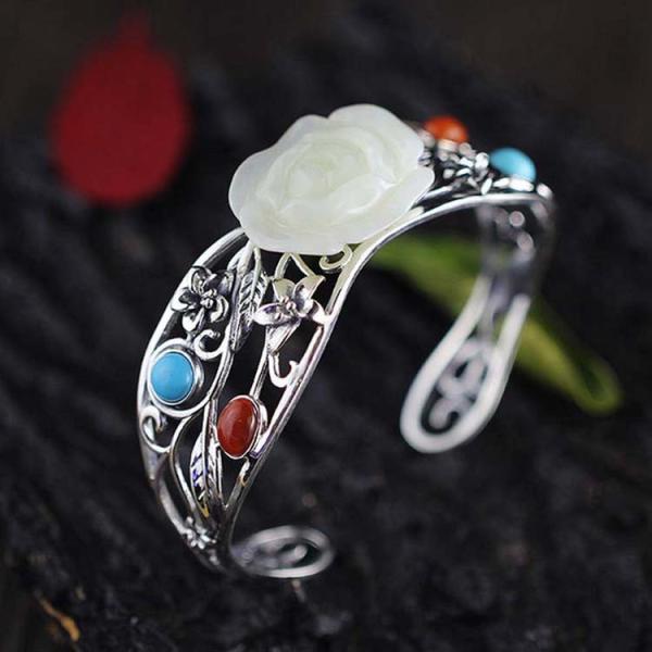 Women 925 Sterling Silver Sculptured White Jade Cuff Bracelet(059489)