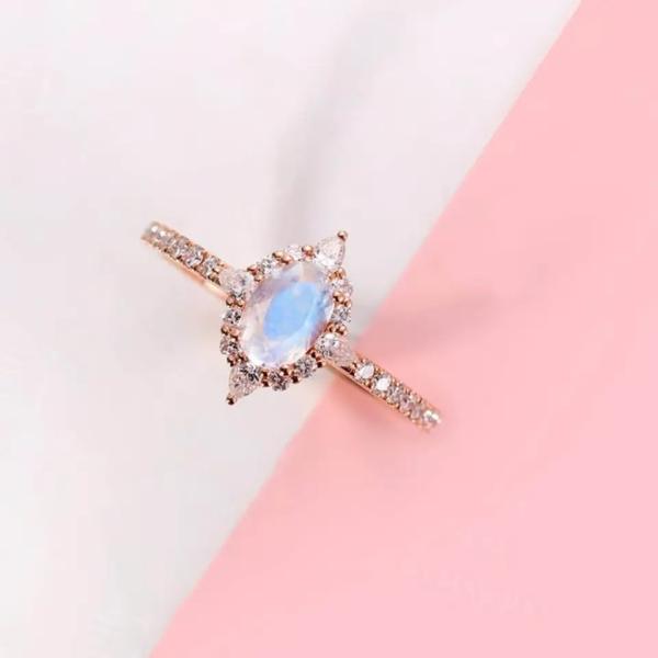 Newest Rose Gold Plating 925 Sterling Silver Jewelry Oval Cut Blue Moonstone Engagement Rings