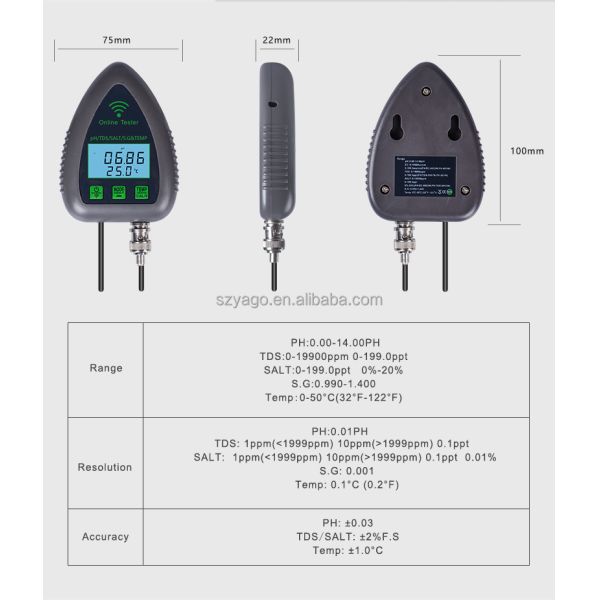 High Precision Digital PH Meter with 0.990-1.400 S.G and 100mm*75mm*22mm Dimensions Water Quality Tester