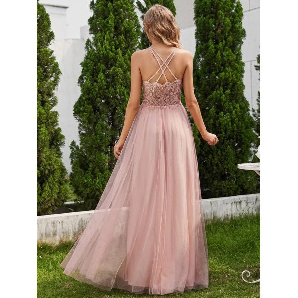 Lace Back Cross-strap V-neck Spaghetti Strap Empire A-line Pleated Sleeveless Pink Tulle Bridesmaid Dress