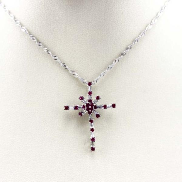 Women Jewelry 925 Silver Pink Cubic Zirconia Cross Pendant Necklace (P37)