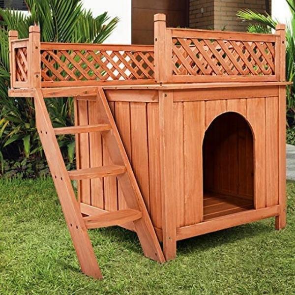 Puppy Dog Wooden Pet House Shelter With Stairs Balcony Indoor Outdoor