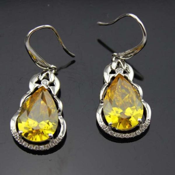 925 Silver Pear Shaped Yellow Citrine Cubic Zirconia Dangle Drop Earrings(PSJ04034)