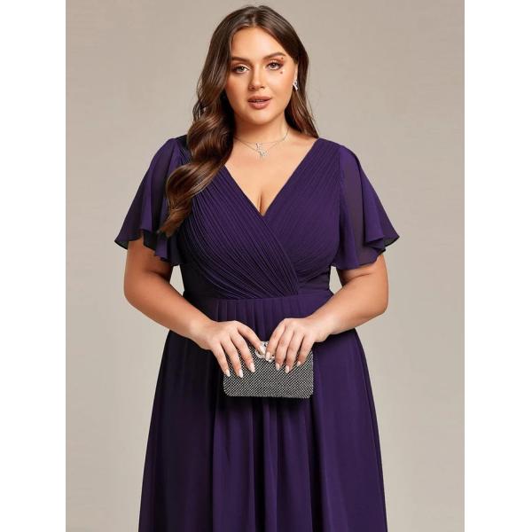 Empire Plus Size V-neck High-low A-line Short Sleeve Ruffled Dark Purple Chiffon Wedding Guest Homecoming Dress