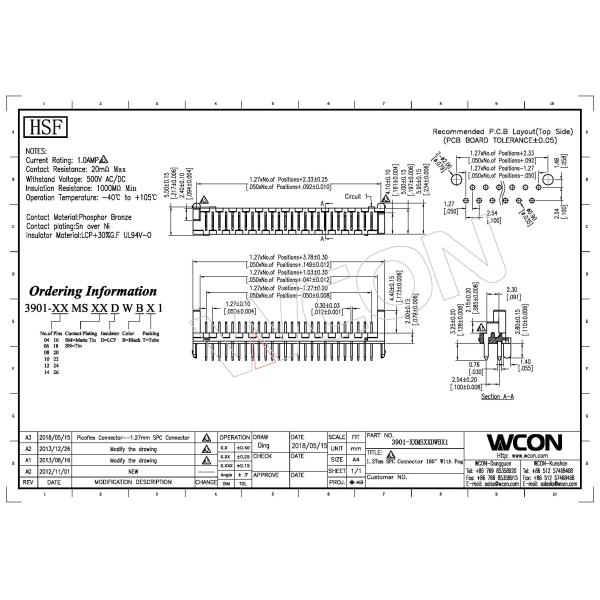 WCON 24pin Spc Wire To Board Connector 1.27mm With Black Matte Sn Plated